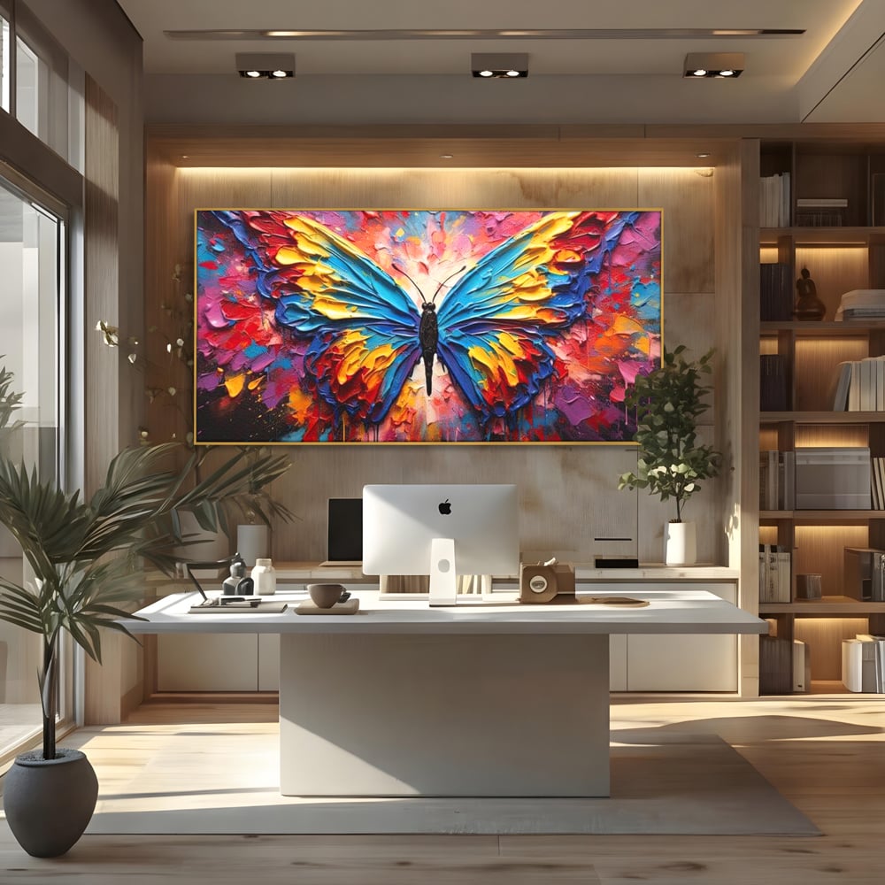 Tablou canvas cu pictura cu fluture colorat, in rama de aluminiu auriu, pe perete intr-un birou